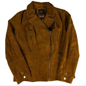 Isaac Mizrahi Camel Brown Suede Leather Asymmetrical Zip Moto Jacket - Size 10